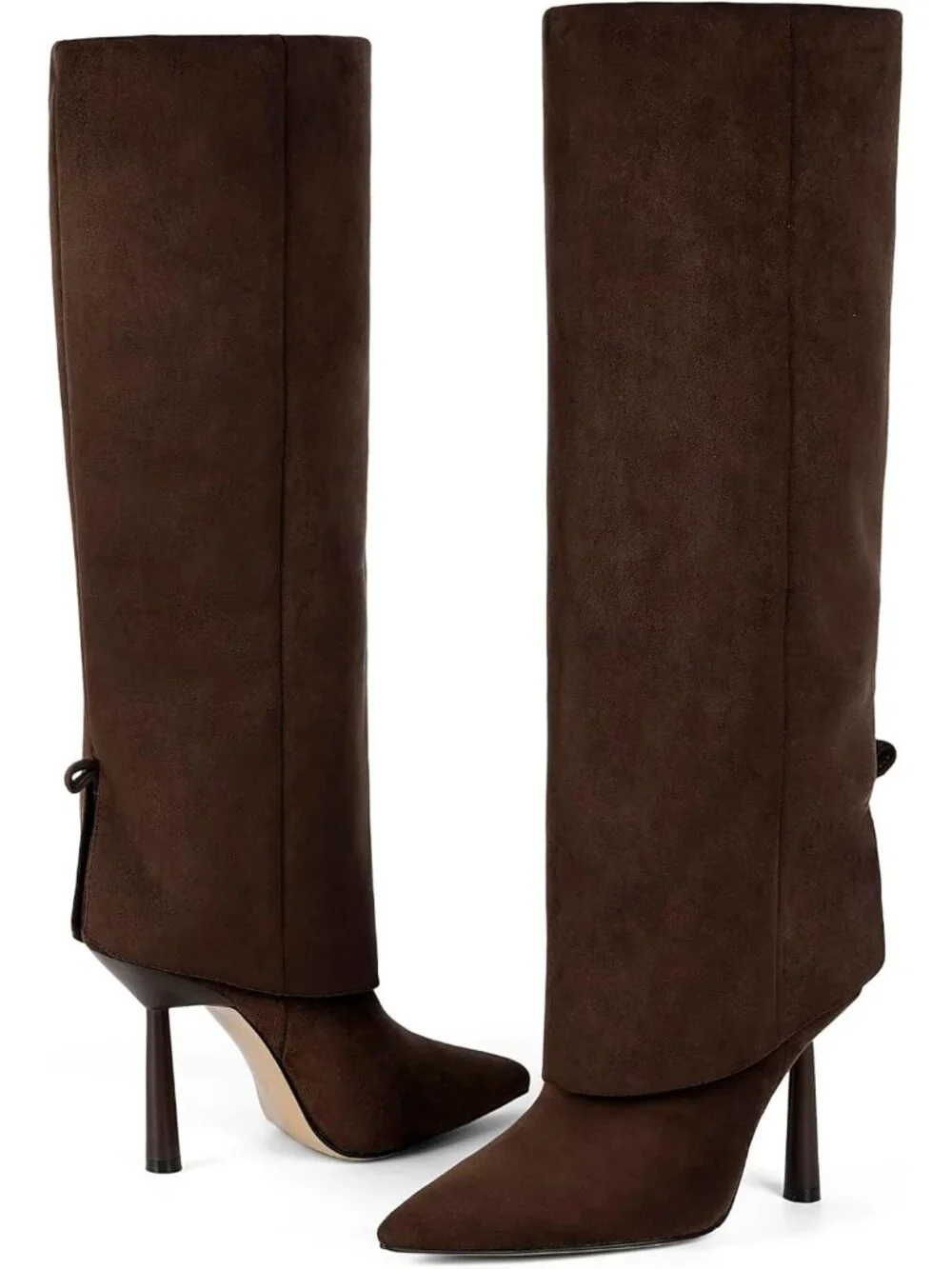 Women Suede Chocolate Stiletto Heel Pointed Toe Side Zipper Knee High Shark Boot